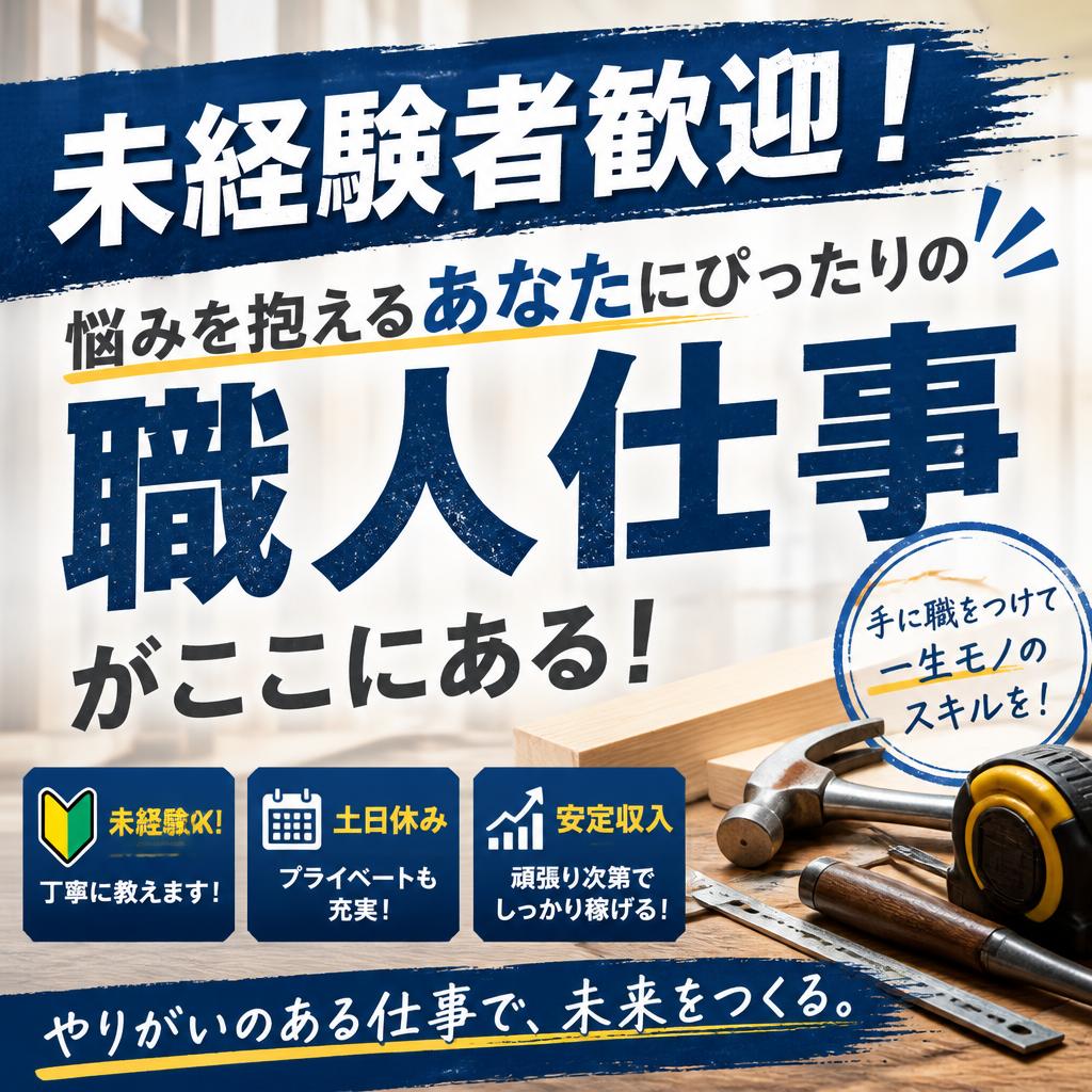 未経験者歓迎！悩みを抱えるあなたにぴったりの土日休みの職人仕事がここにある！