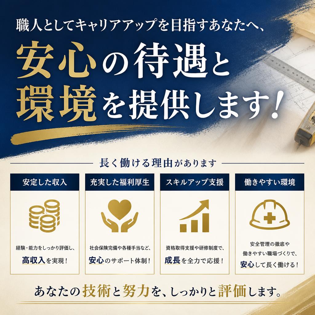 職人としてキャリアアップを目指すあなたへ、安心の待遇と環境を提供します！